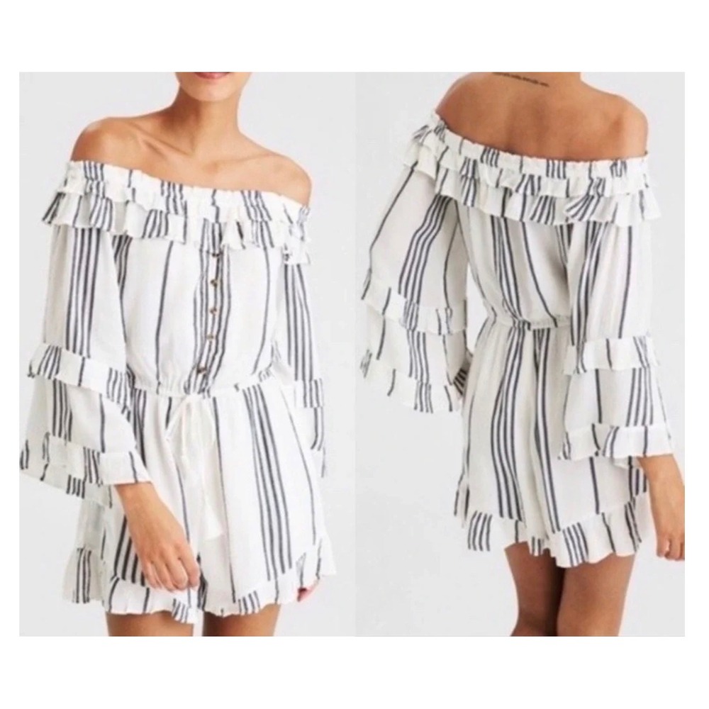 American Eagle‎ Outfitters Striped Ruffle Off Shoulder Romper Sz XS Boho